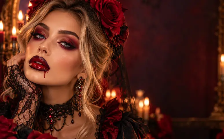 Woman with dark makeup and roses, posing in a dimly lit setting.