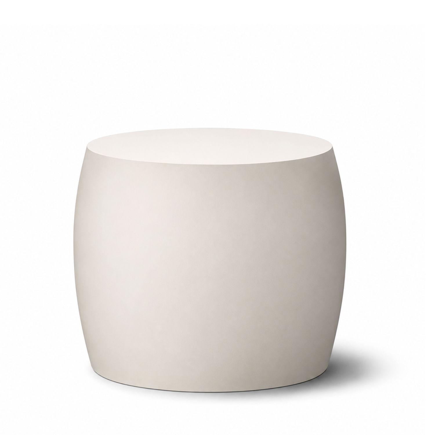 A round, smooth white side table or stool.