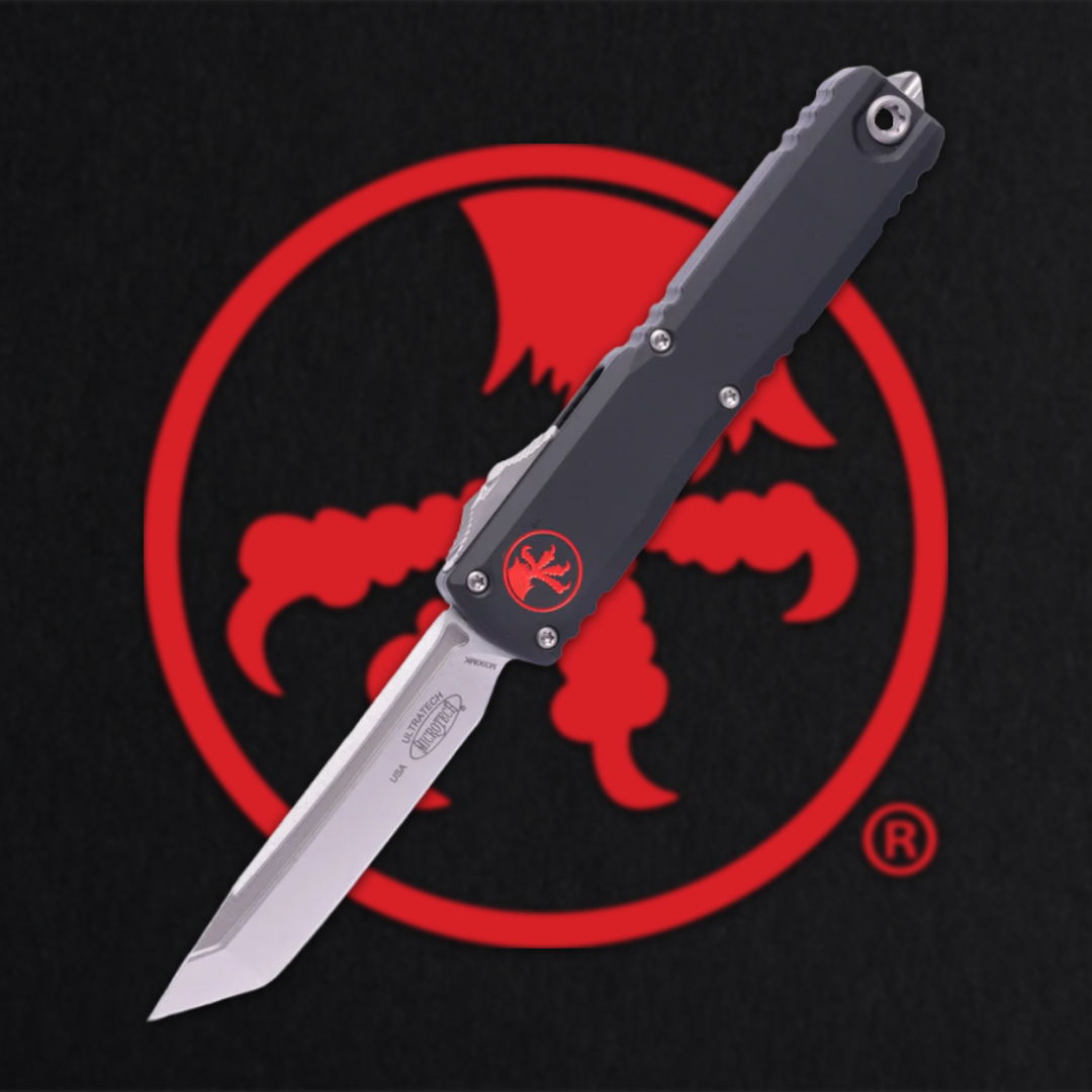 A folding knife with a black handle against a red logo background.