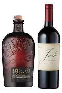 Two bottles: Bib & Tucker whiskey and Josh Cabernet Sauvignon wine.