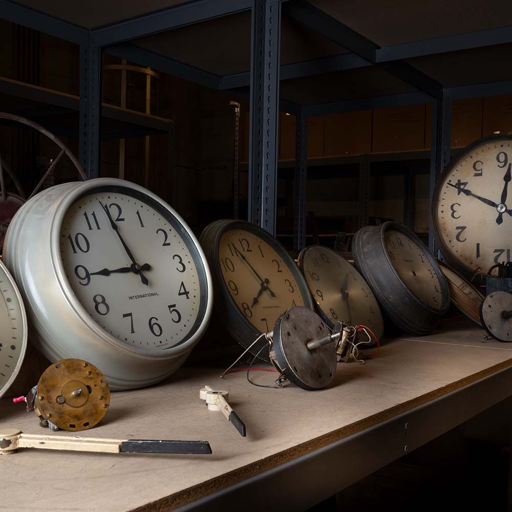 A set of historic clocks in the archives of Los Angeles' Union Station.