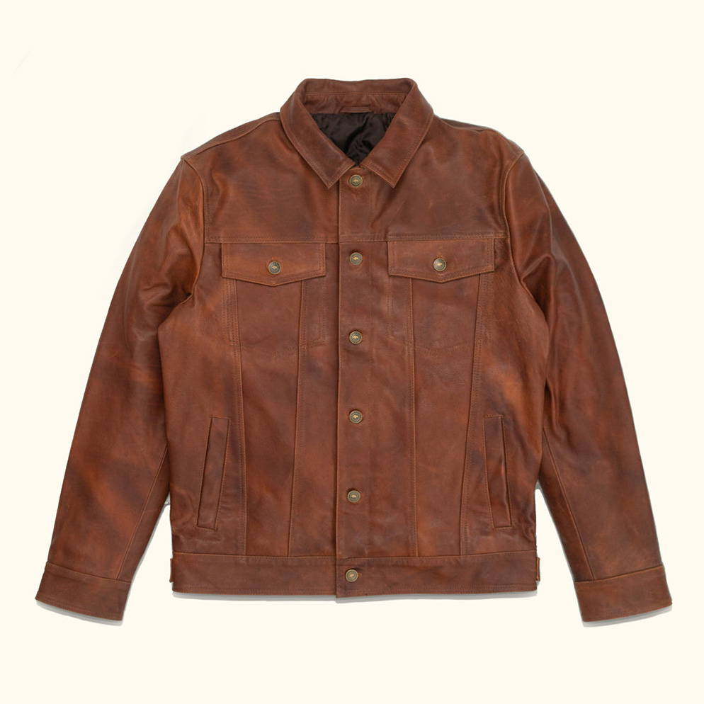 brown leather trucker jacket front buttoned up