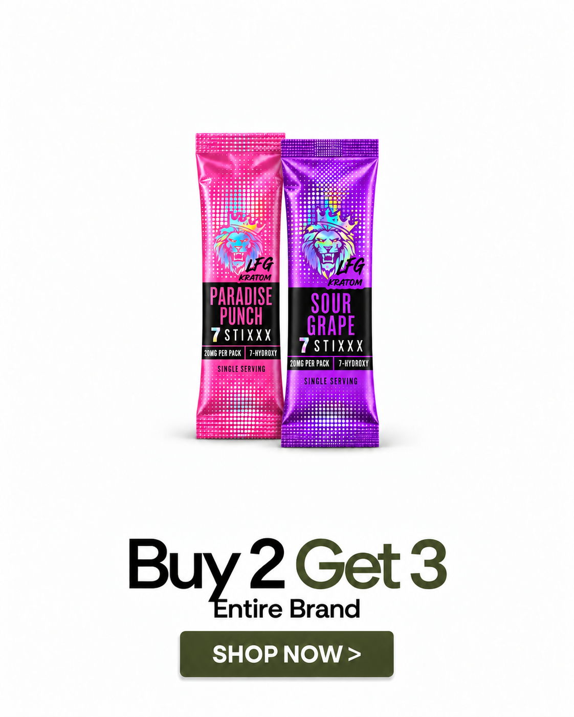 Two flavored drink packets with a promotional offer.