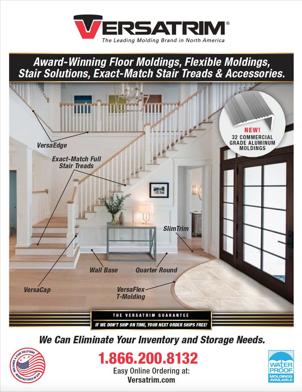 Versatrim advertisement showcasing flooring and stair solutions. Contact information included.
