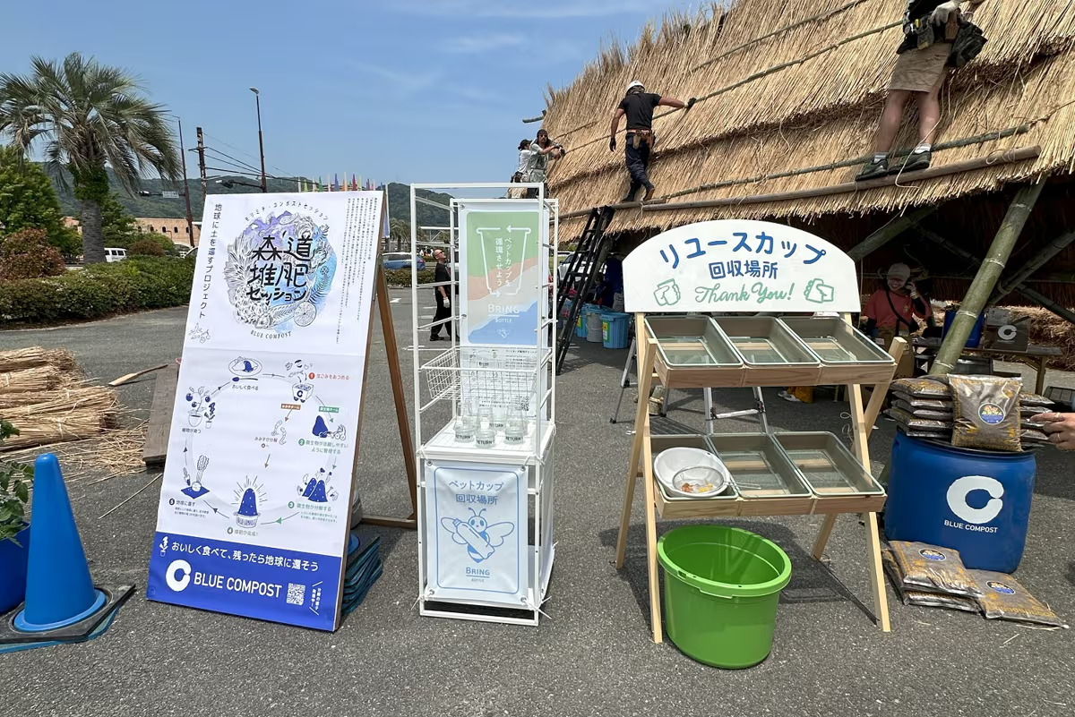 Outdoor setup with signs and displays, construction in background.