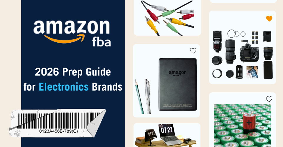 Electronic items bundled and securely packaged for Amazon FBA with visible barcode and proper protective handling.