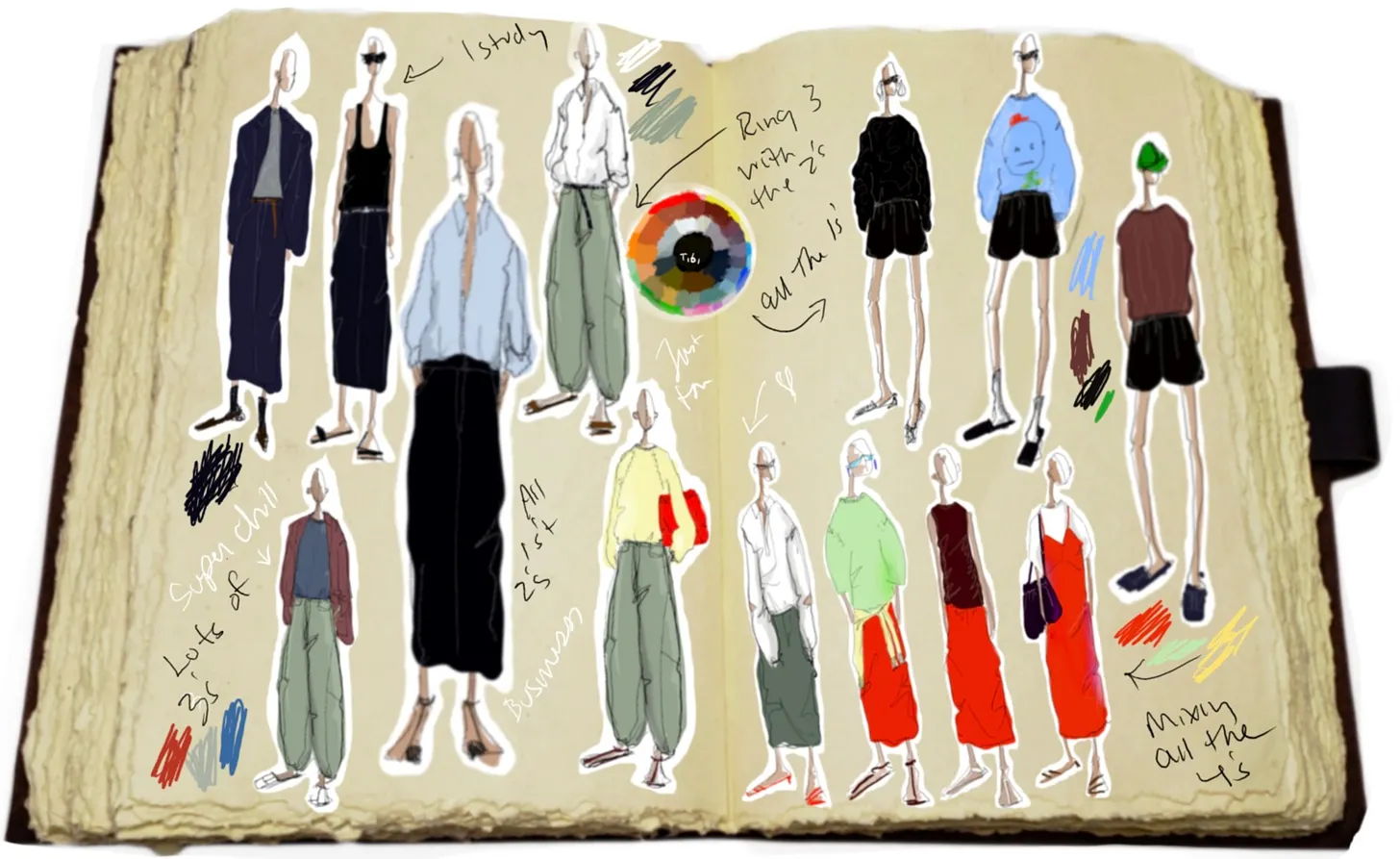 Fashion sketches in a notebook with colorful outfits and notes.