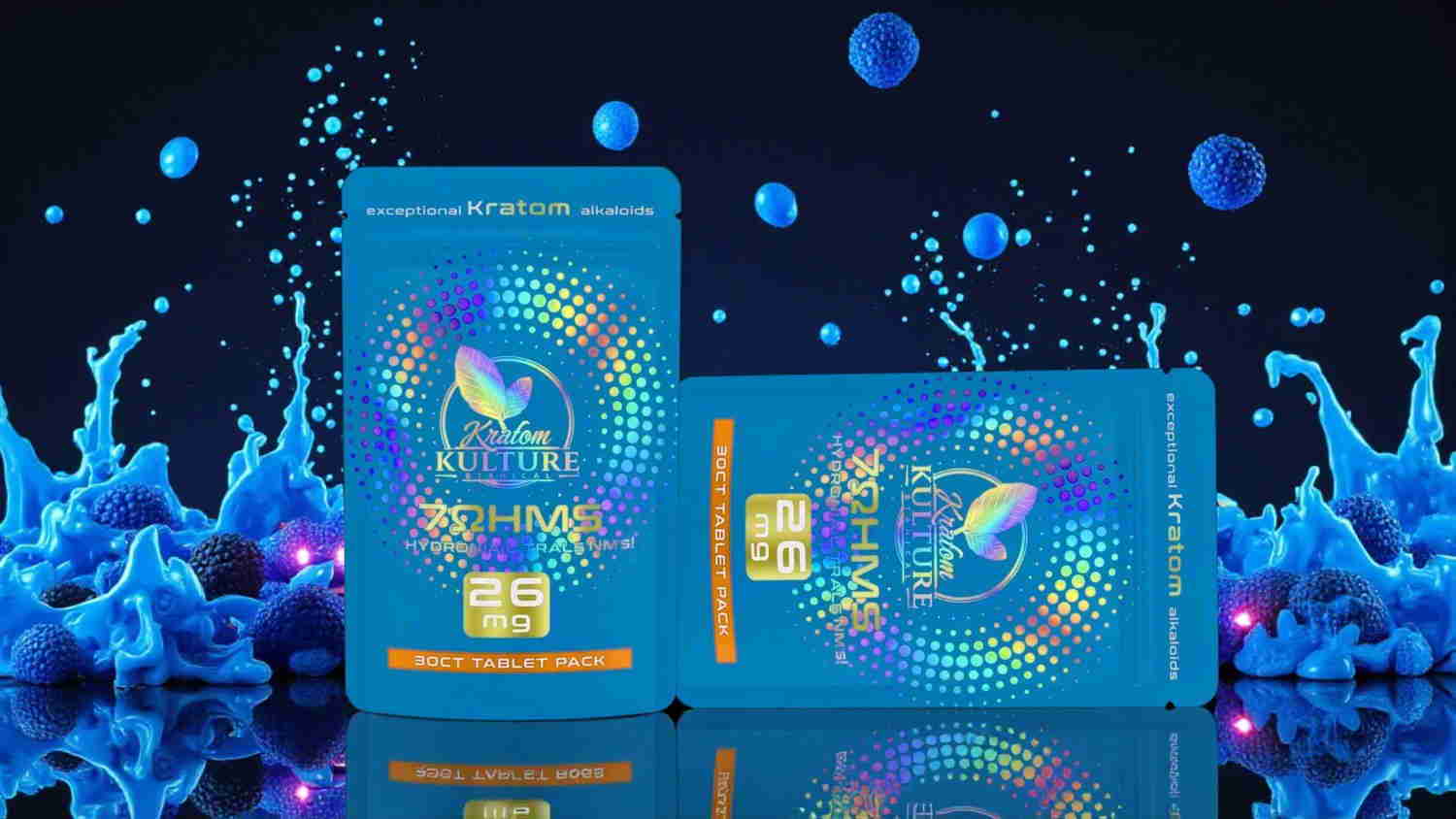 Two blue product packages with a splash of blue liquid in the background.