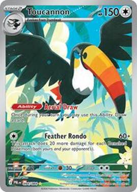 Card featuring Toucannon, a colorful bird Pokémon, with abilities and attack details.