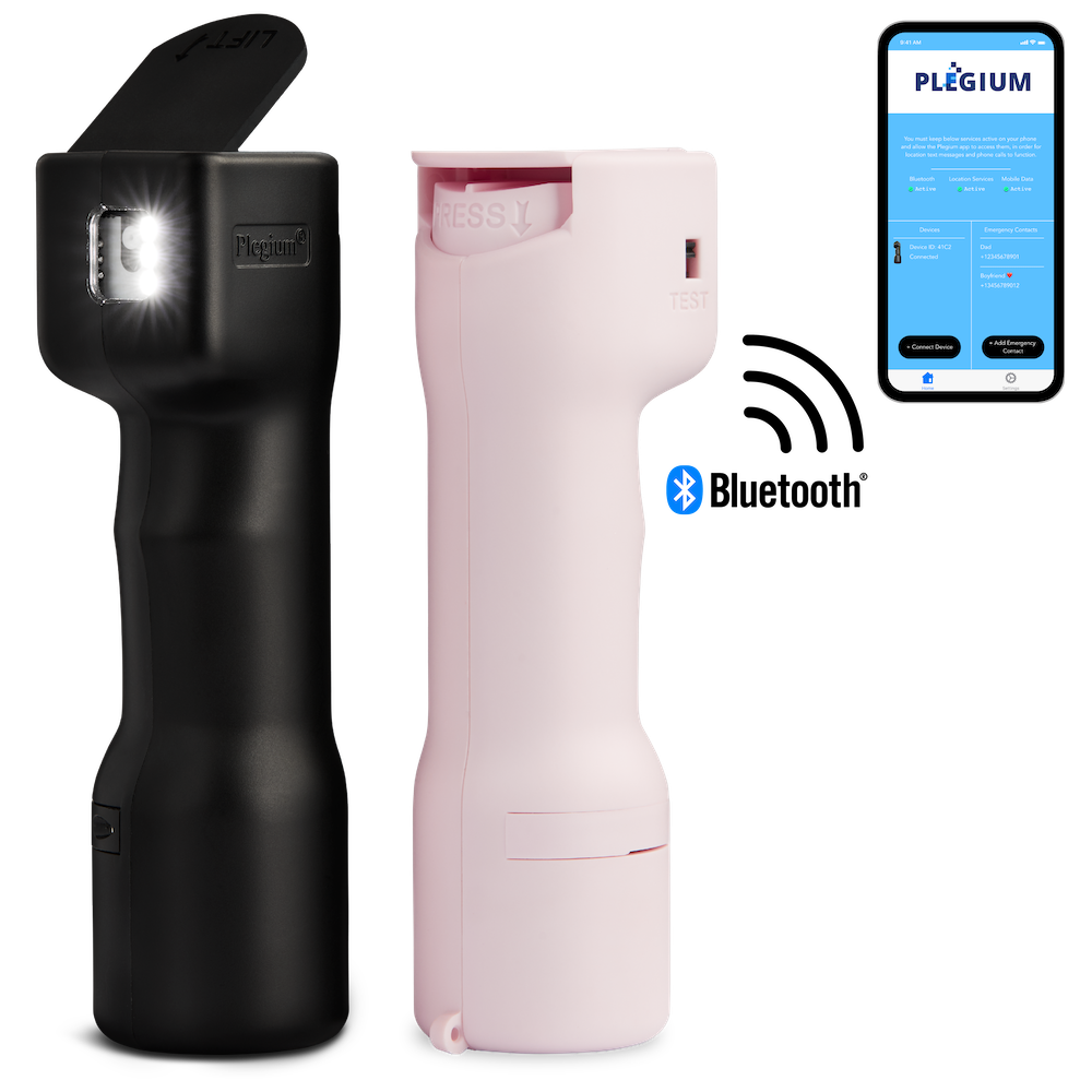 Smart Pepper Sprays with Bluetooth logo and Plegium app on phone