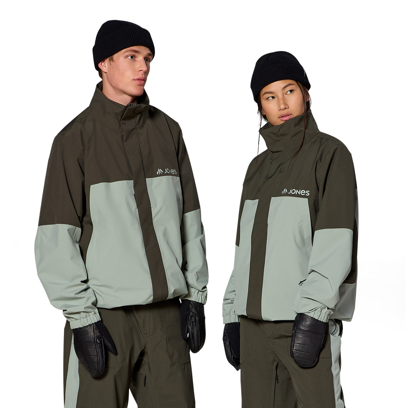 Two models wearing winter jackets and gloves in outdoor attire.