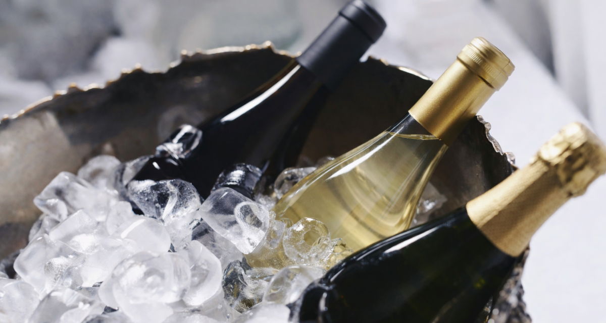 Bottles of wine chilling in an ice bucket.