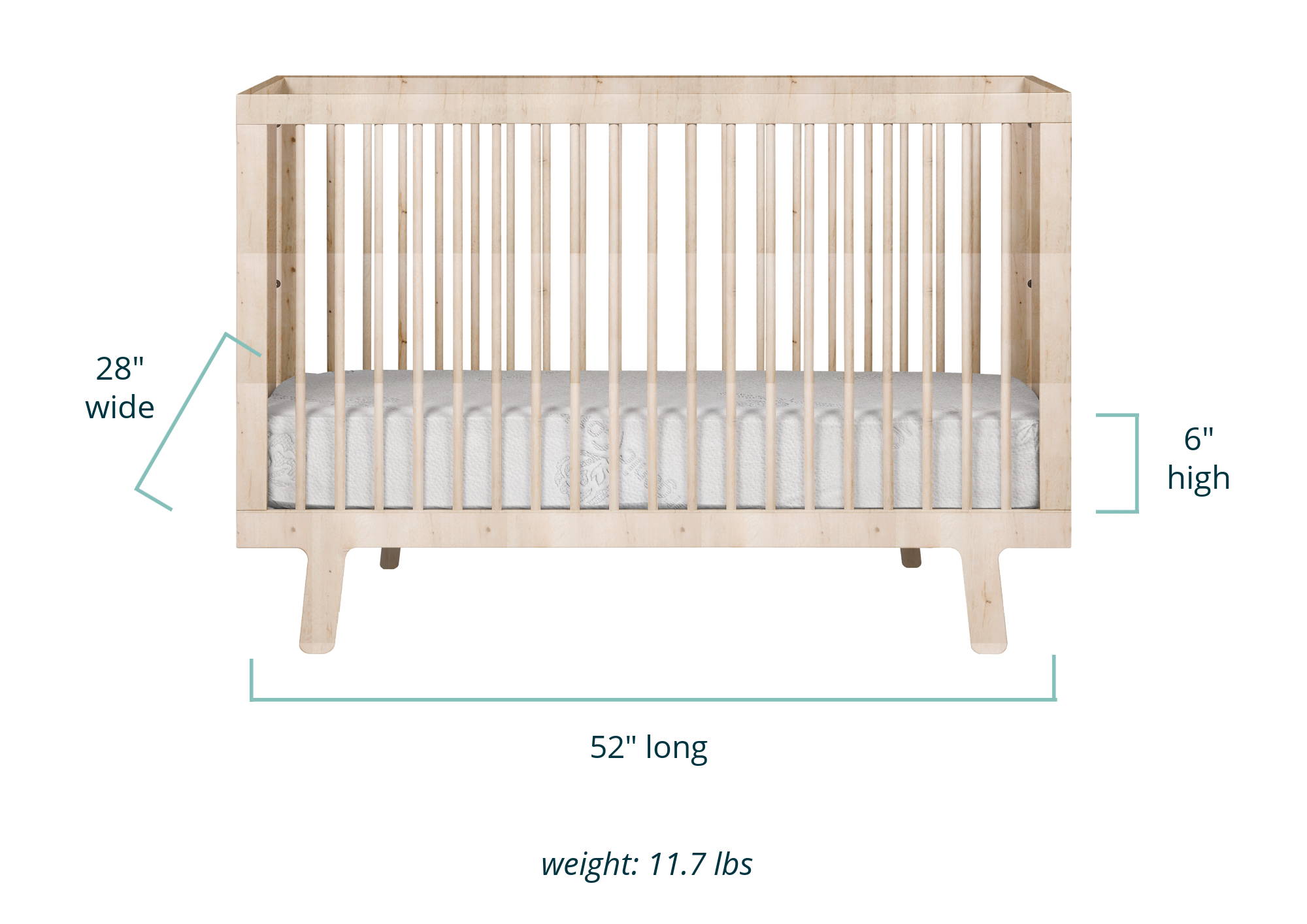 Luxe crib mattress in a crib showing dimensions of 28