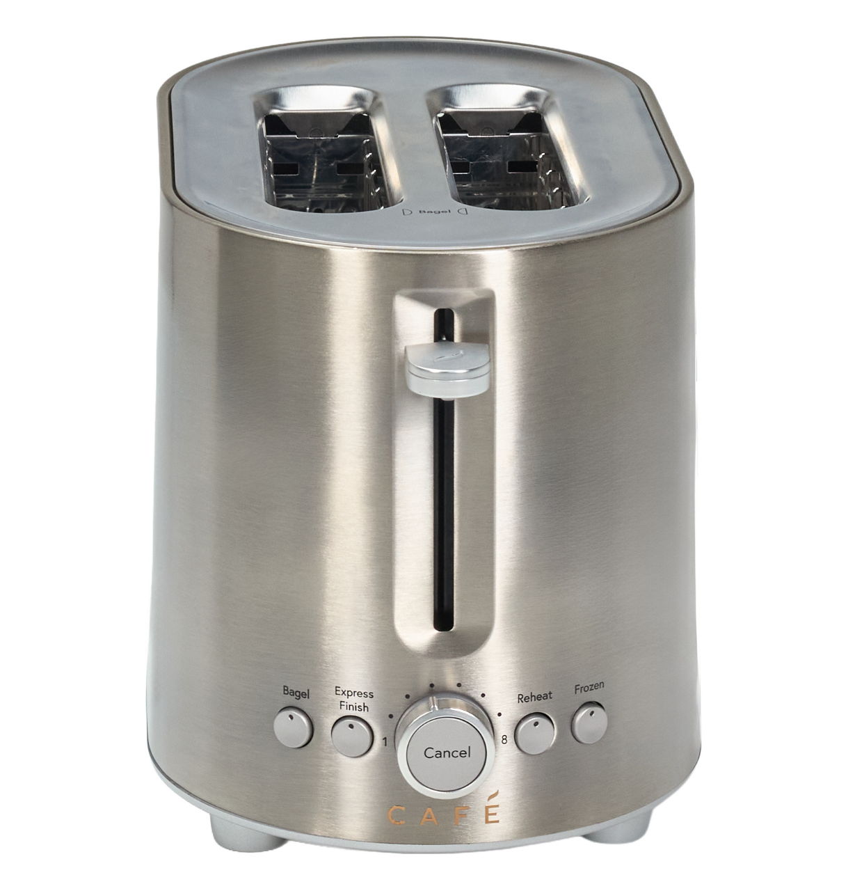 A stainless steel toaster with two slots and control buttons.