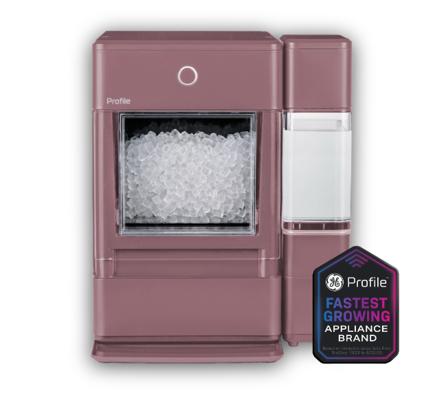 A pink ice maker with a badge stating 