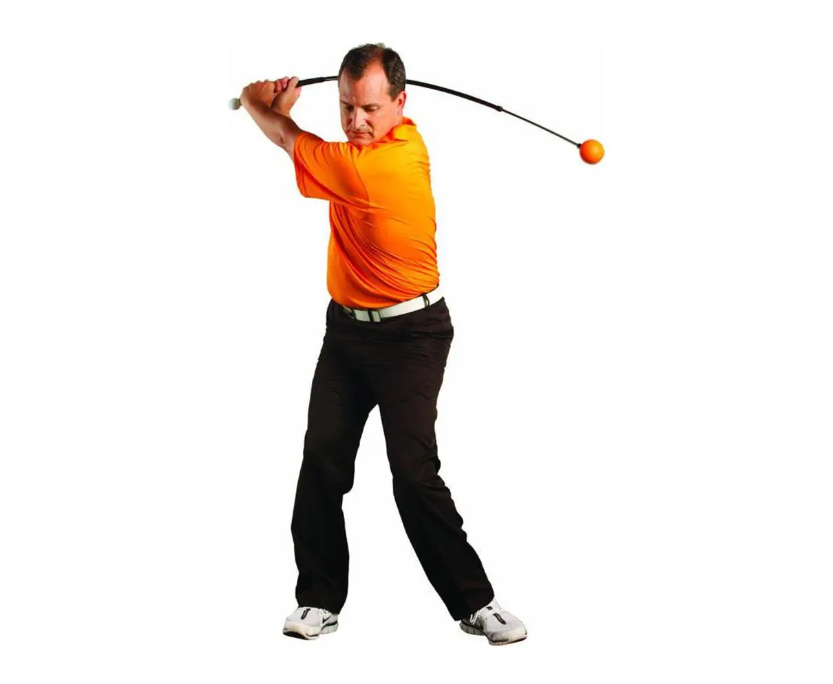 Golfer starting practice swing withe the Orange Whip trainer