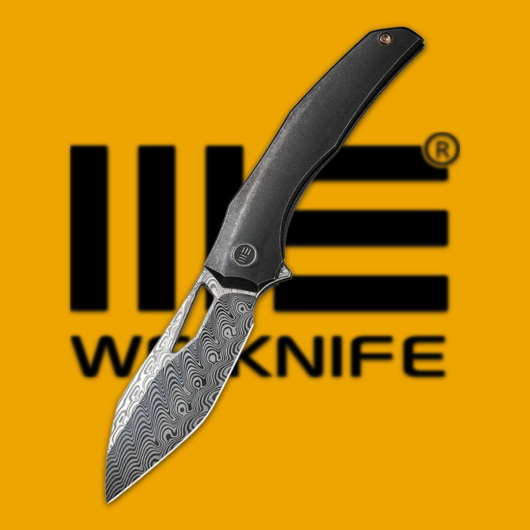 Black folding knife on an orange background with the WERK knife logo.