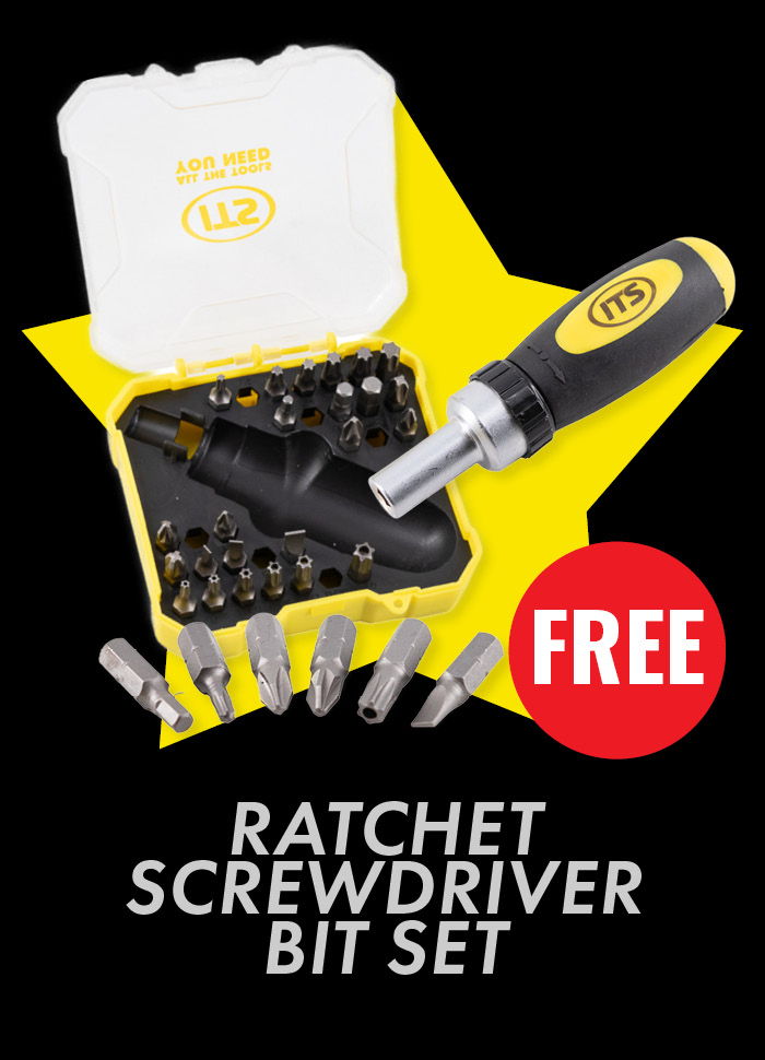 Ratchet screwdriver bit set with free promotional offer.