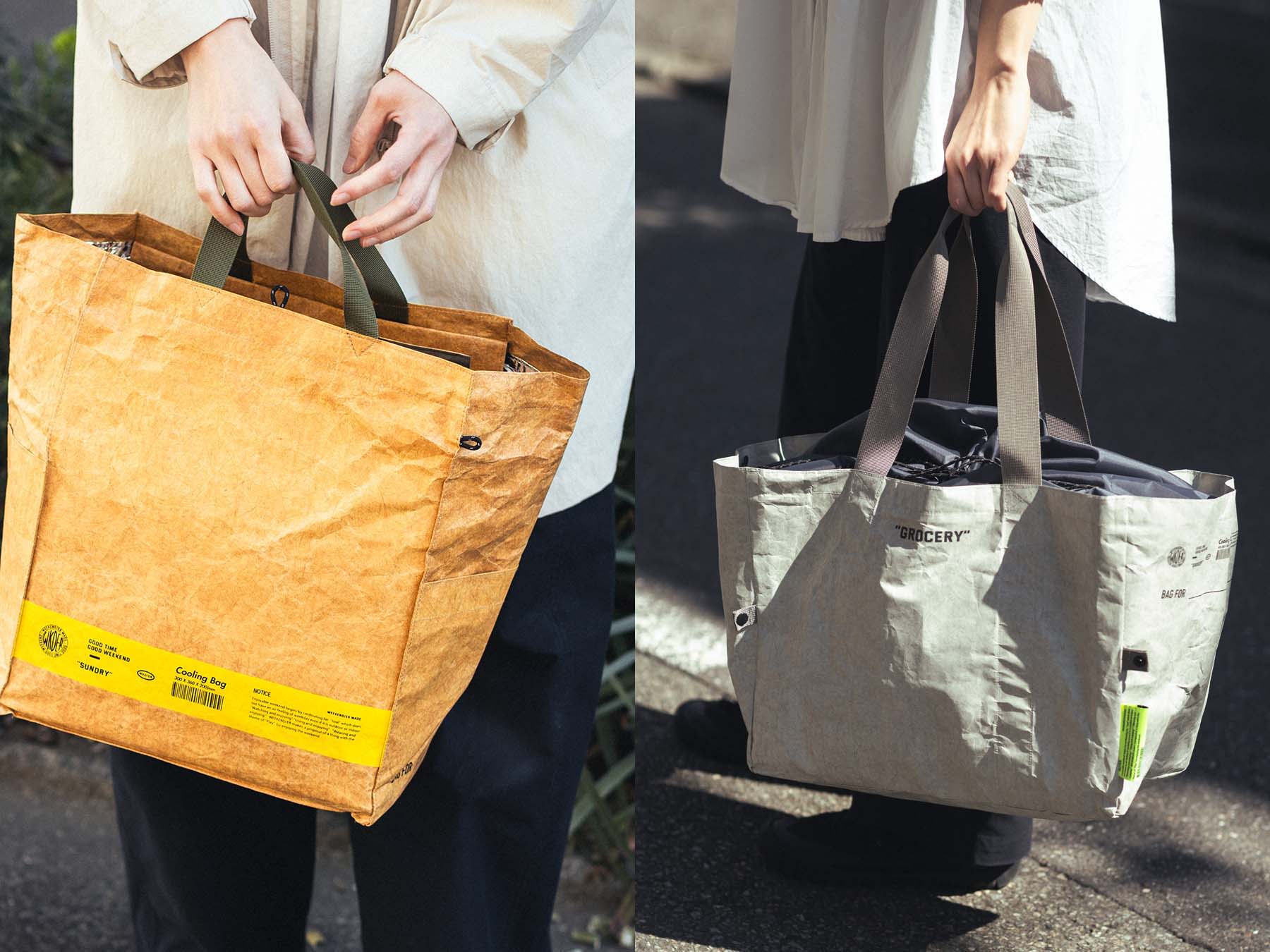 Two tote bags held by a person, one orange and one gray.