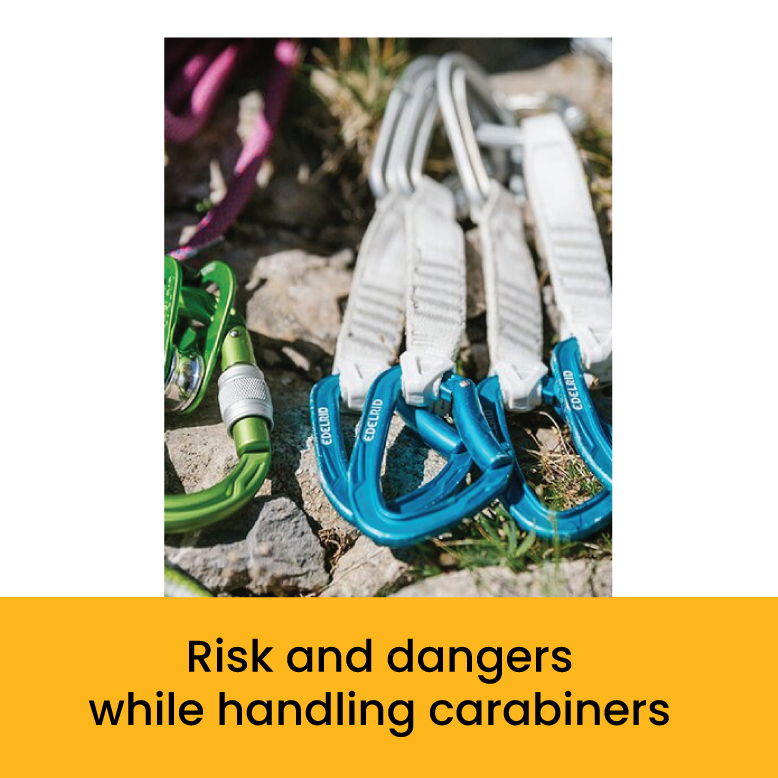 Colorful carabiners on rocks with text about handling risks.