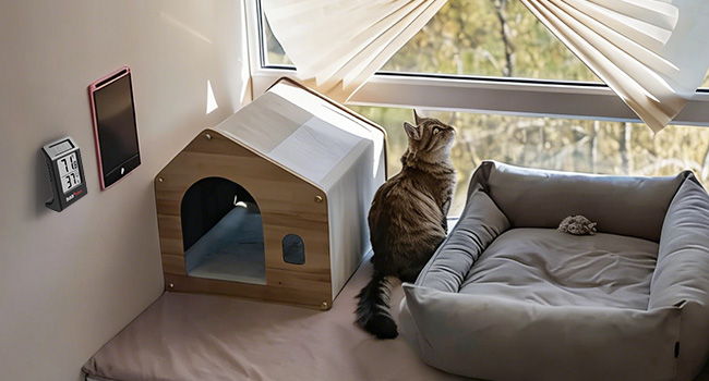 A cat sitting next to a pet house and bed by a window.