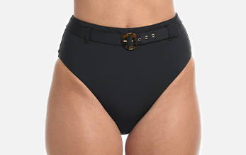 Close-up, front view of model wearing black high waisted swimsuit bottoms.