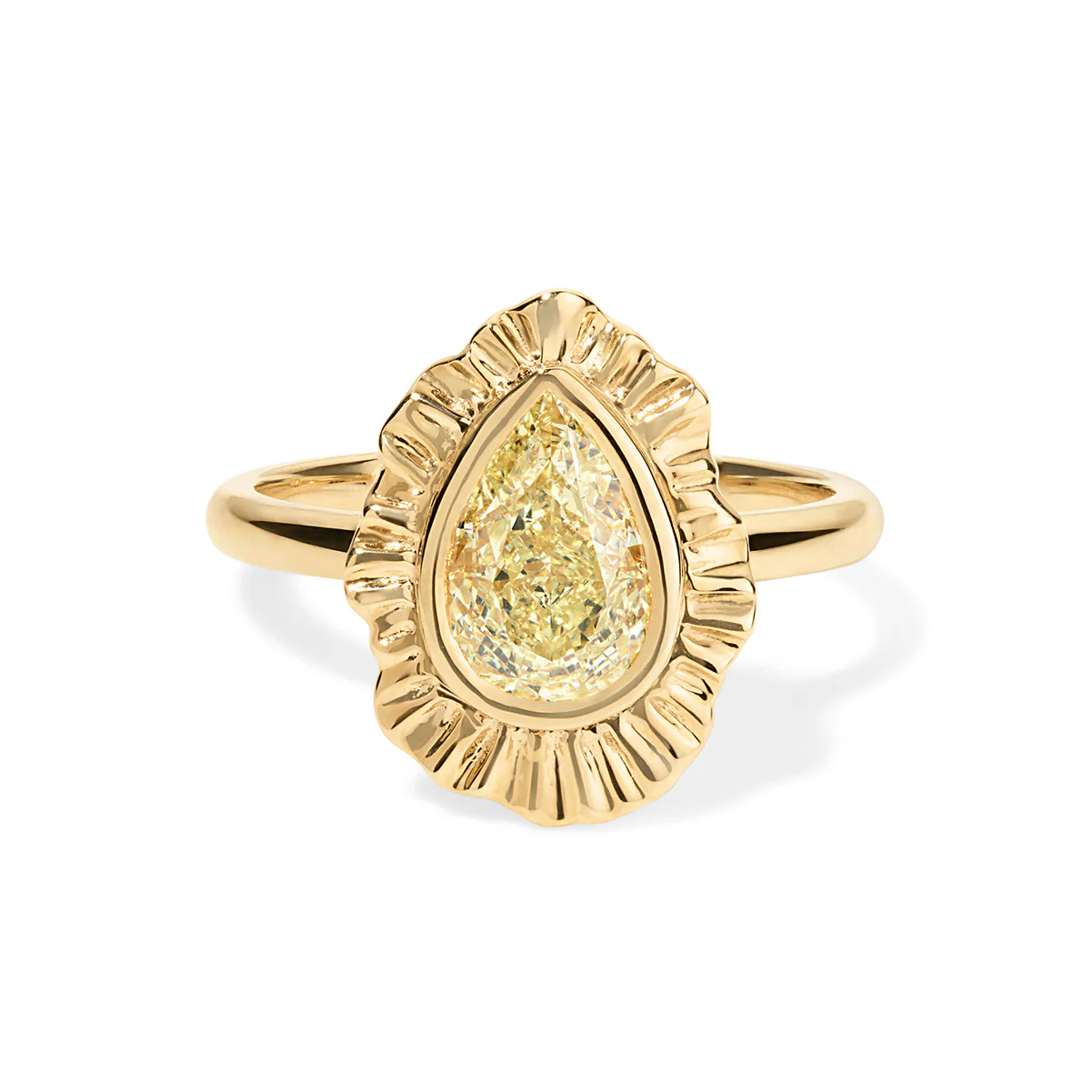 Pear cut champagne diamond ring in yellow gold plisse setting by Cat Cason Fine