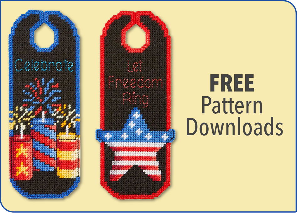 Two decorative tags with fireworks and stars, promoting free pattern downloads.
