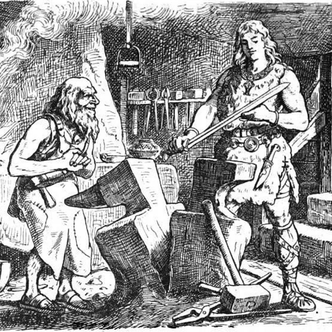 Two blacksmiths working in a forge, one hammering metal on an anvil.