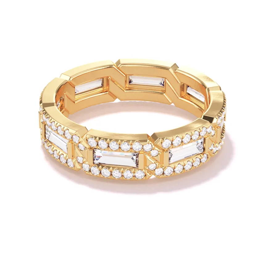 baguette and pave 8 link yellow gold wedding band
