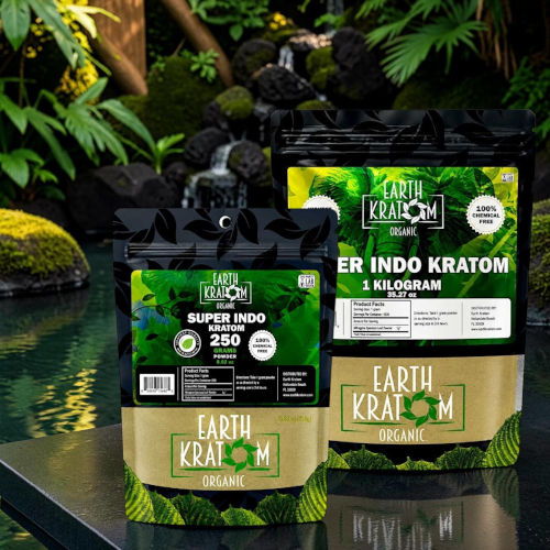 Two bags of kratom in a tropical setting.