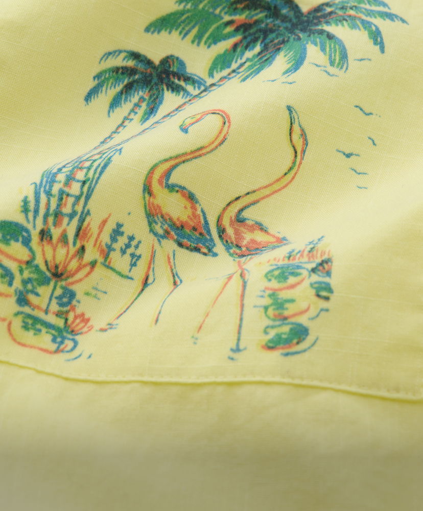 Illustration of flamingos and tropical plants on a yellow background.