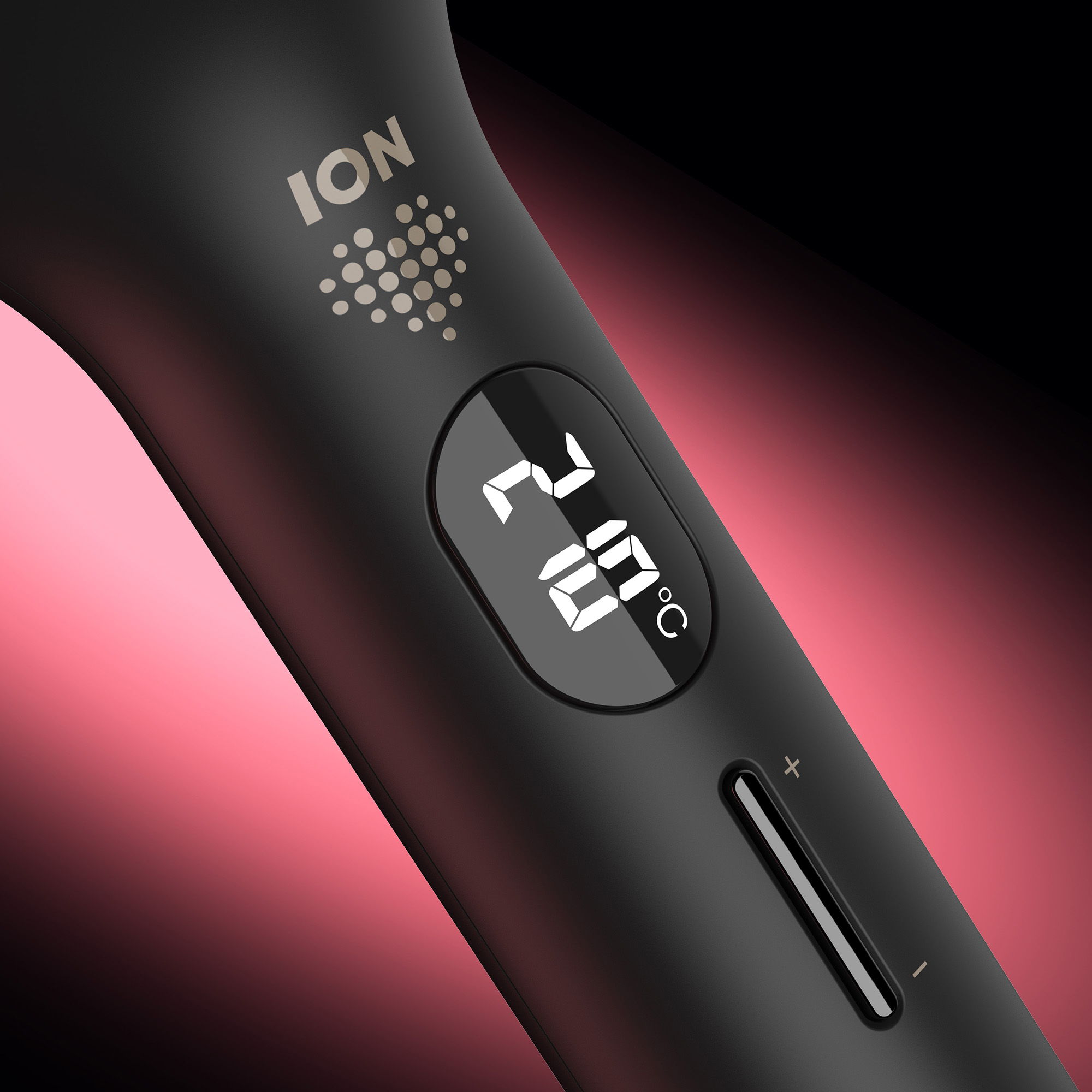 Close-up of a black device with digital temperature display and controls.