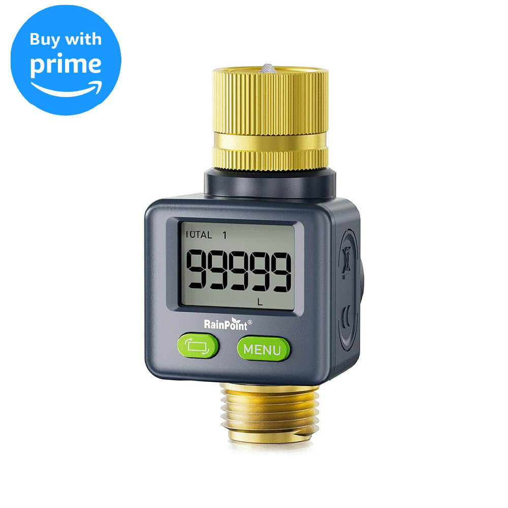 Digitaler Wasserzähler mit Display und gelbem Anschluss.