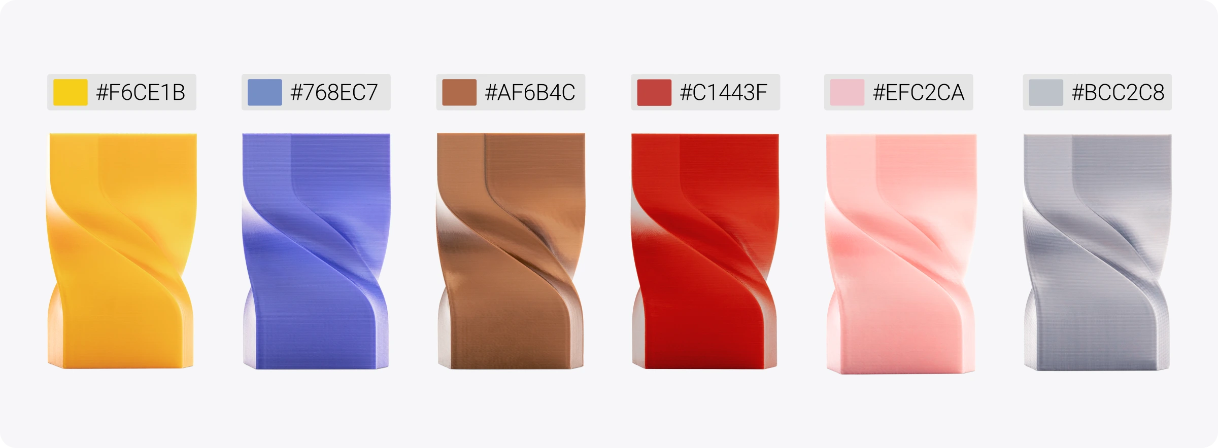Gold, sapphire blue, copper, garnet red, pearl pink, and silver color samples display the glossy finish of Snapmaker Silk PLA Filament (RFID).