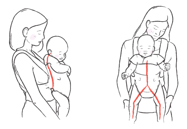 Small baby in forward facing carrier in a hollow back position with legs unsupported