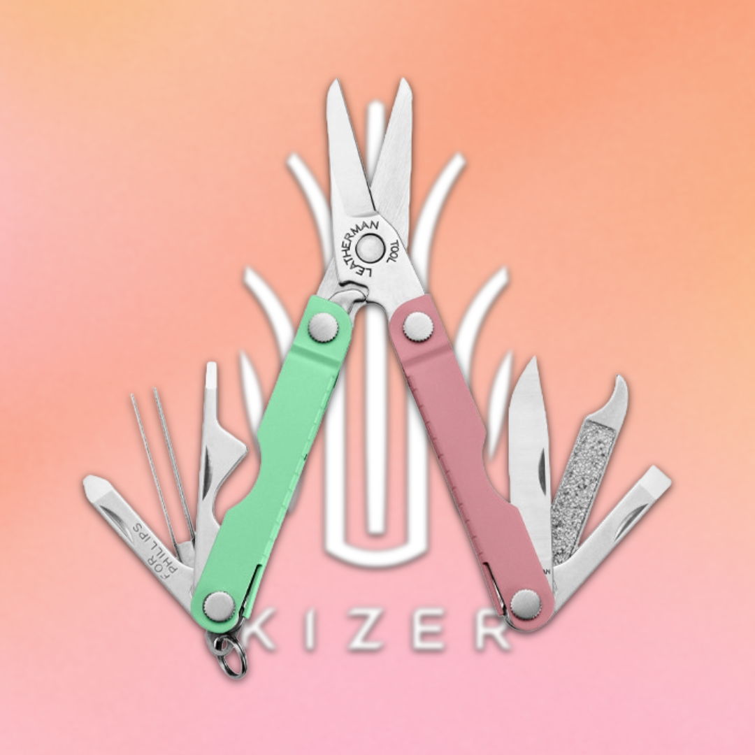 Multitool with scissors and various tools, logo on colorful background.