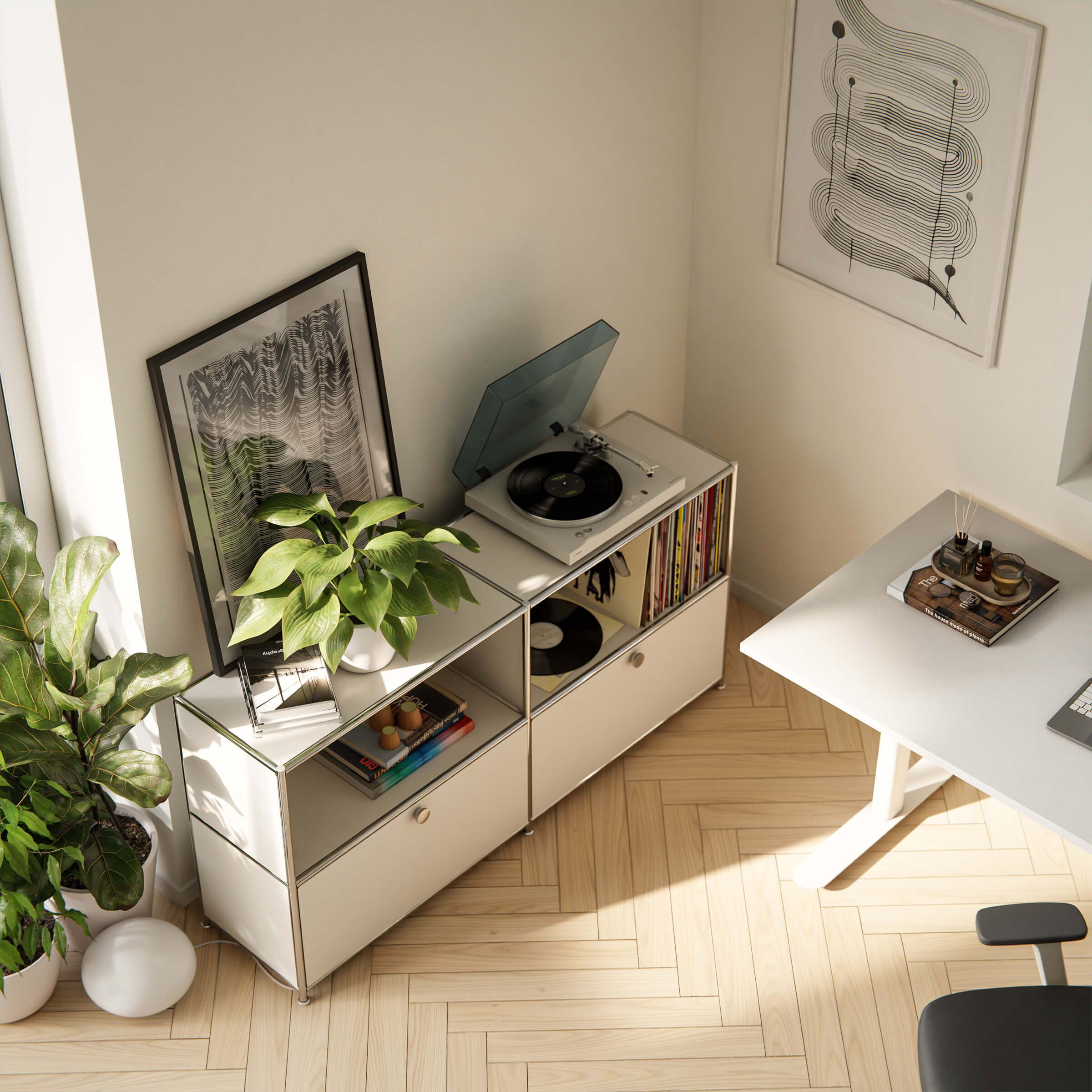 Modern office featuring a white ofinto Cubox sideboard—perfect for staying organized