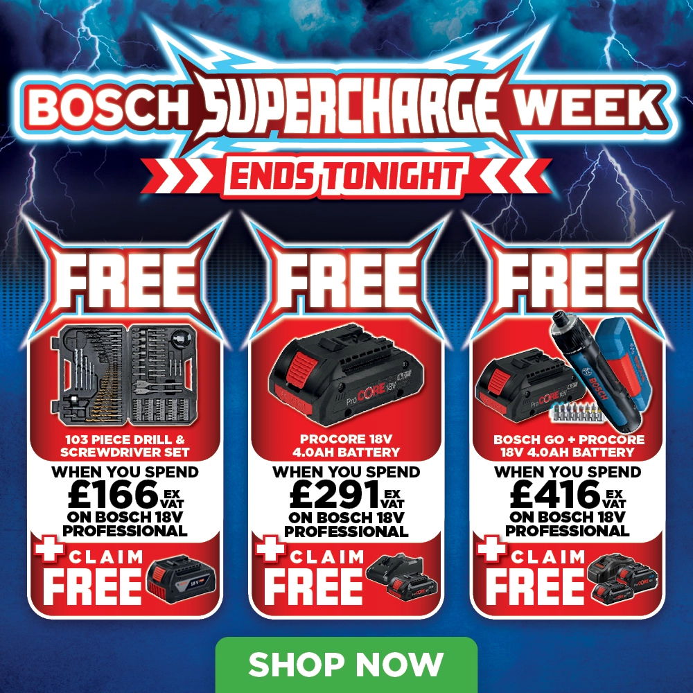 Bosch Supercharge Week promotional offers ending tonight with free items.