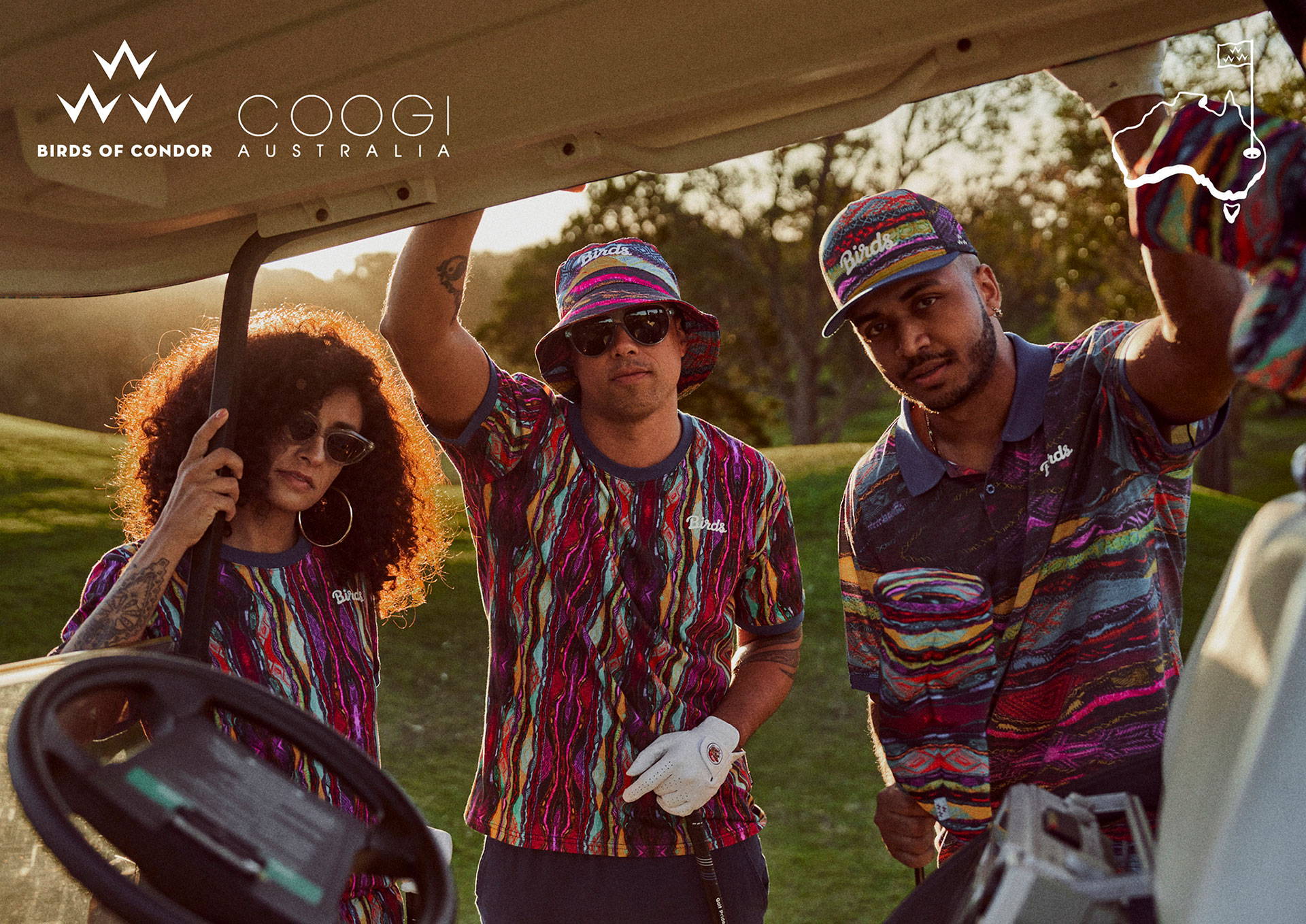 There's a serious good-vibe halo glowing around this rad collaboration between young legend, Birds of Condor and the icon, Coogi.  Polos and snap backs, golf carts wrapped.  Old-school street comes back around to greet you in the most unexpected way.