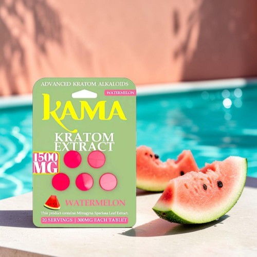 Kama kratom extract package next to watermelon slices by a pool.