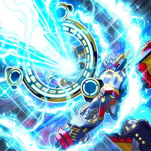 Armoured hero unleashing powerful electric blast
