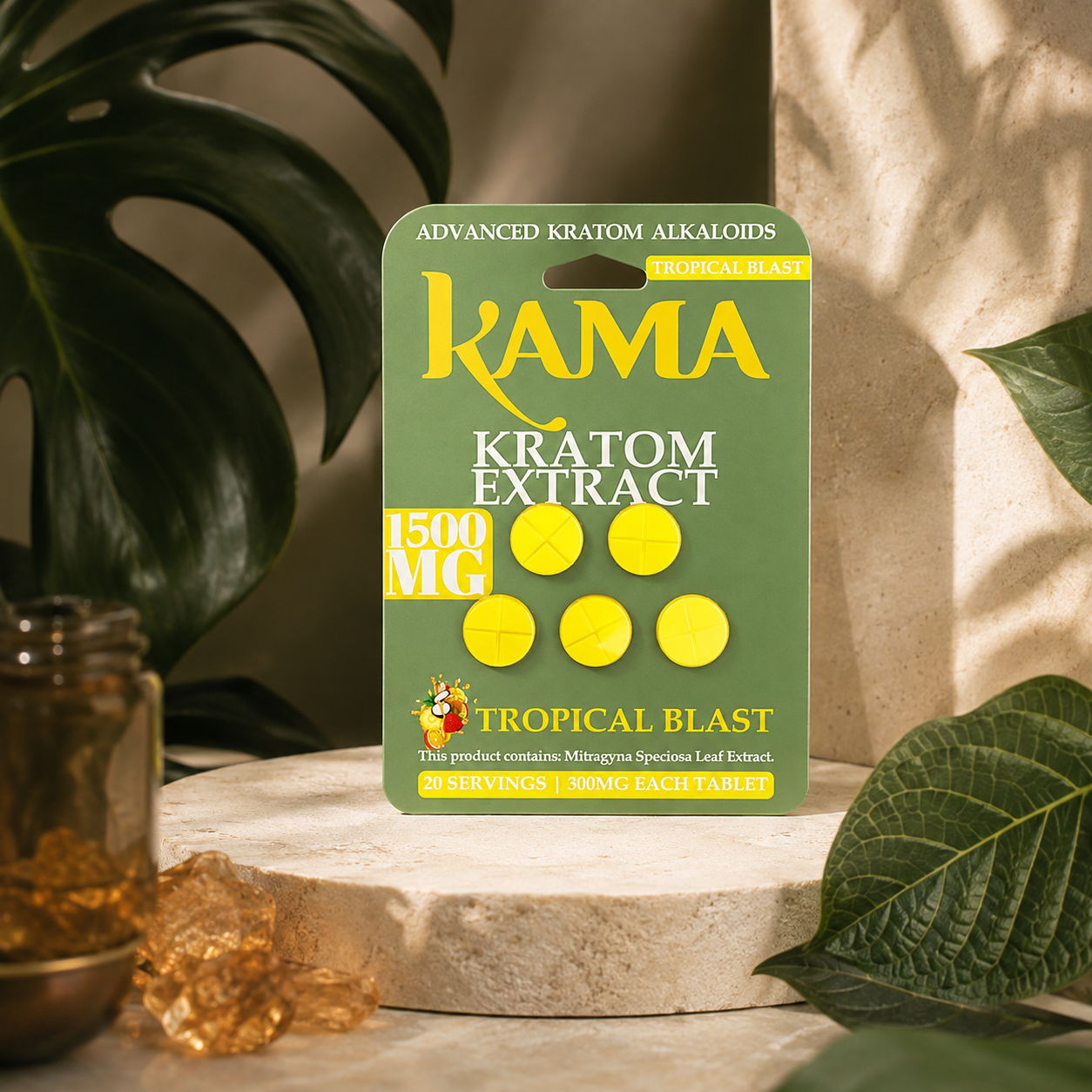 Kama Kratom Extract package on a marble surface with tropical leaves.