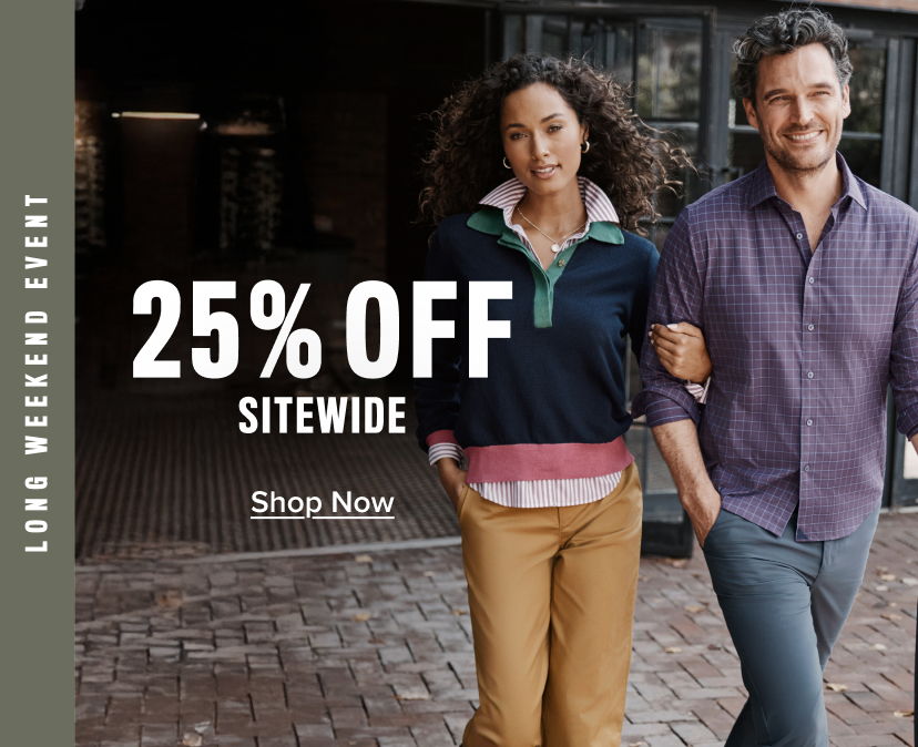 Couple walking together, promoting 25% off sitewide sale.