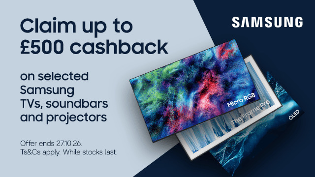 Claim up to £500 cashback on selected Samsung TVs, soundbars and projectors