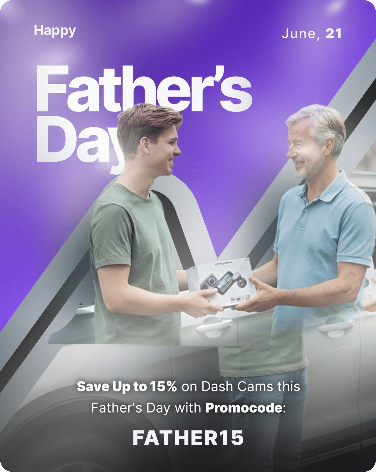 Father and son exchanging gifts for Father's Day promotion.