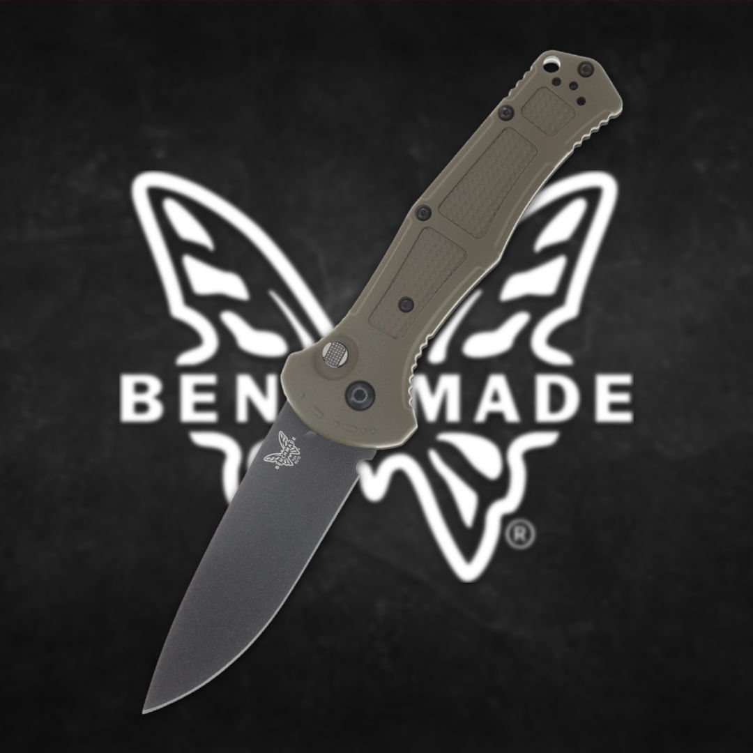 A folding knife with a black blade and tan handle against a logo background.