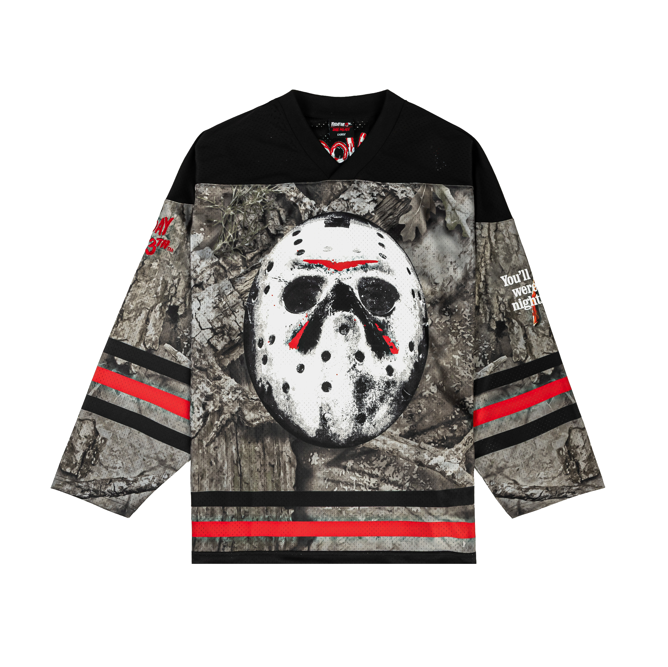 Hockey jersey featuring a skull mask design and camouflage pattern.