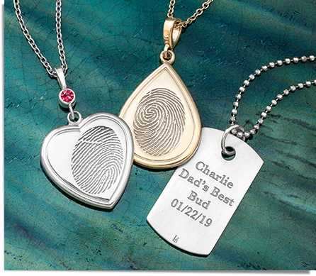 sterling silver heart fingerprint pendant, gold tear drop fingerprint pendant, and sterling silver dog tag fingerprint pendant