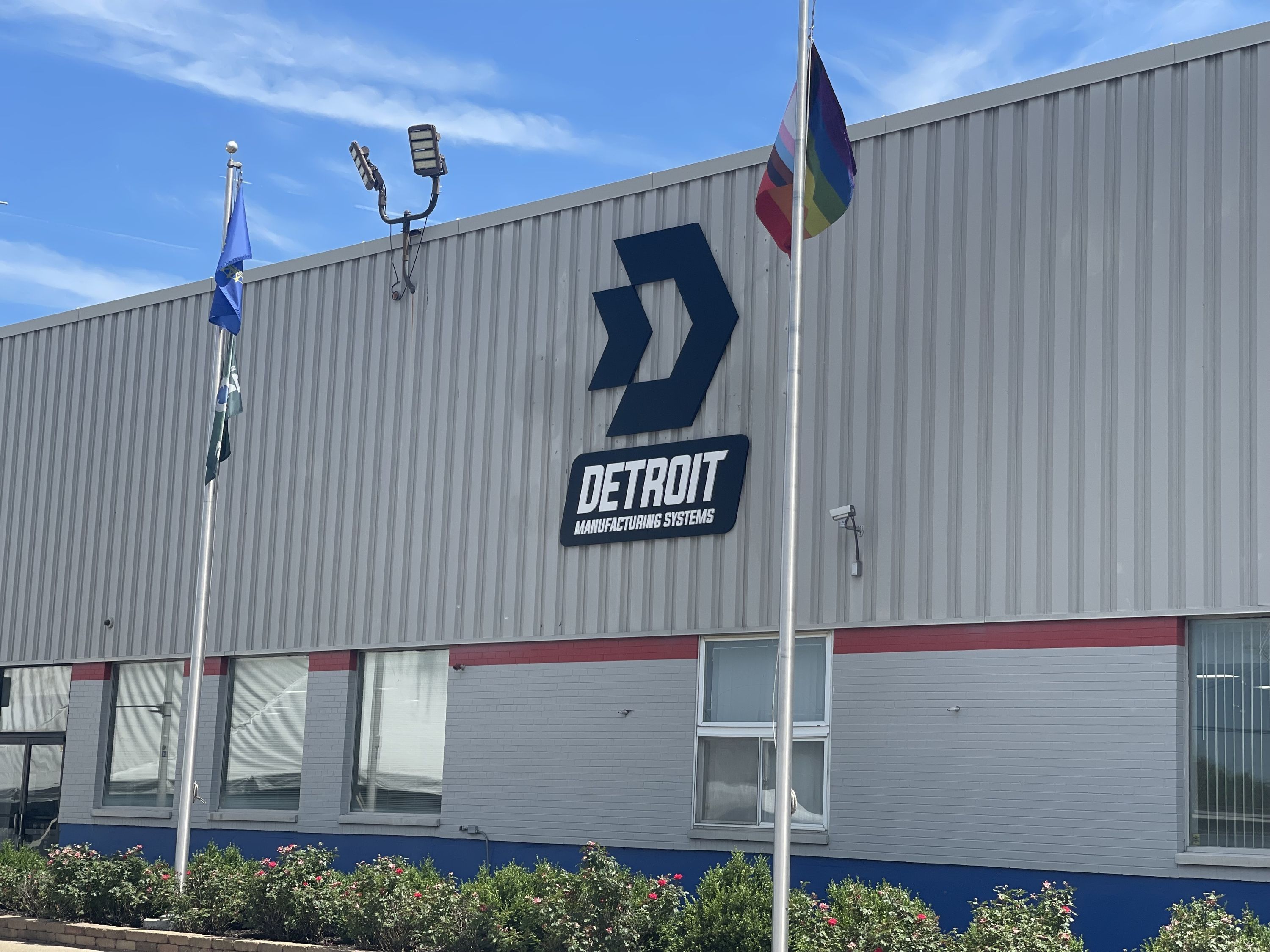 Building exterior with flags and 